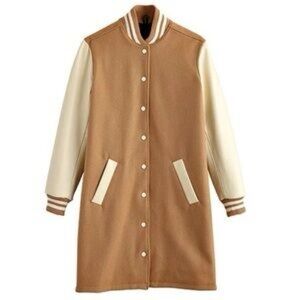 Camel and Leather Long Varsity Coat by Roots Canada
